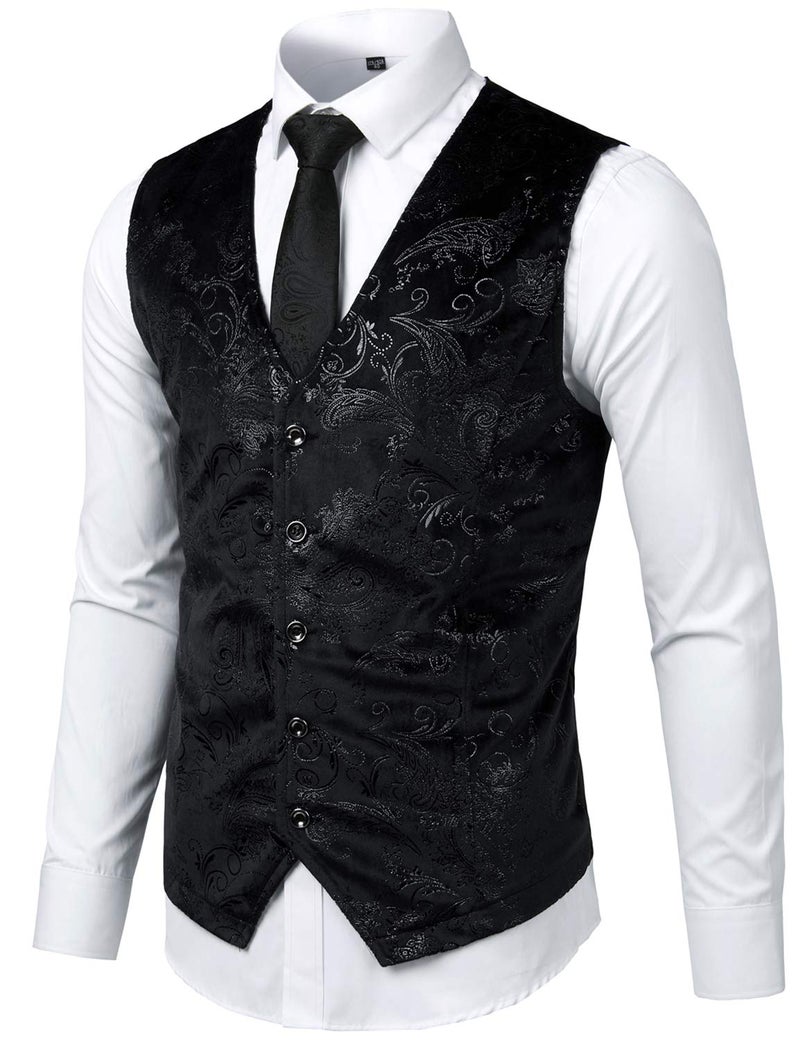 ZEROYAA Mens Hipster Black Paisley Single Breasted Suit Dress Vest/Tuxedo Waistcoat Z49 Black X Large - Image 3